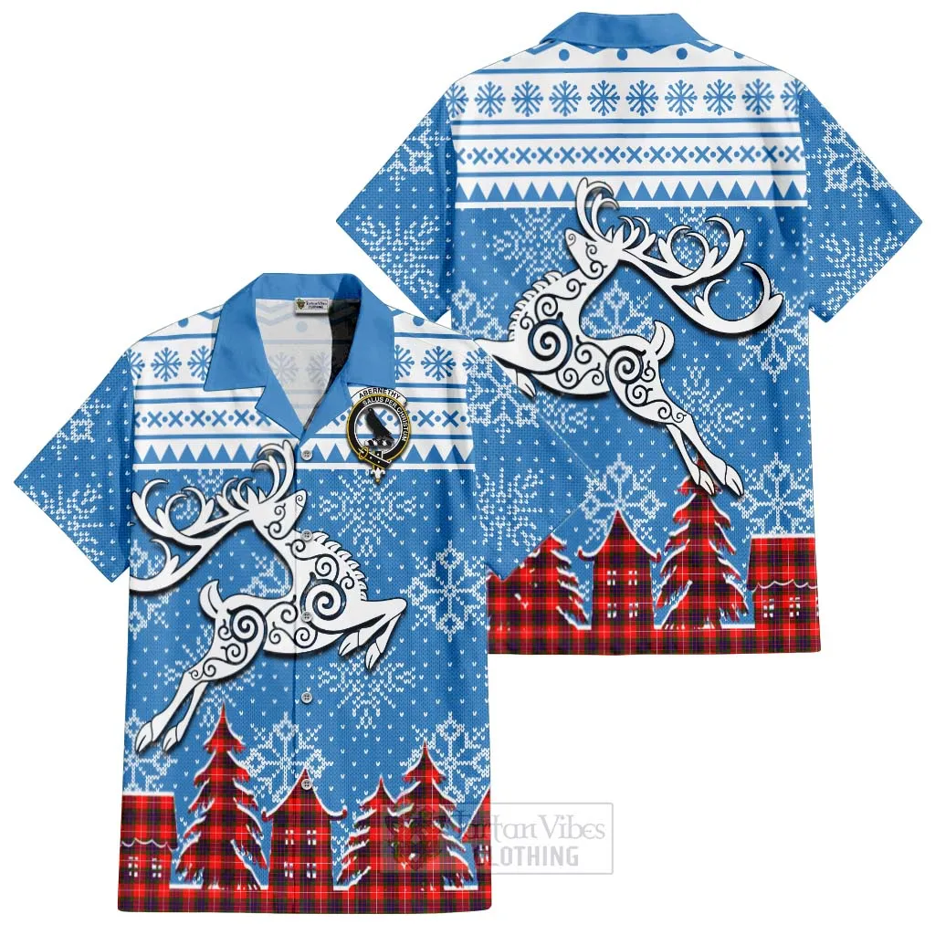 Abernethy Clan Christmas Short Sleeve Button Shirt Celtic Reindeer Style