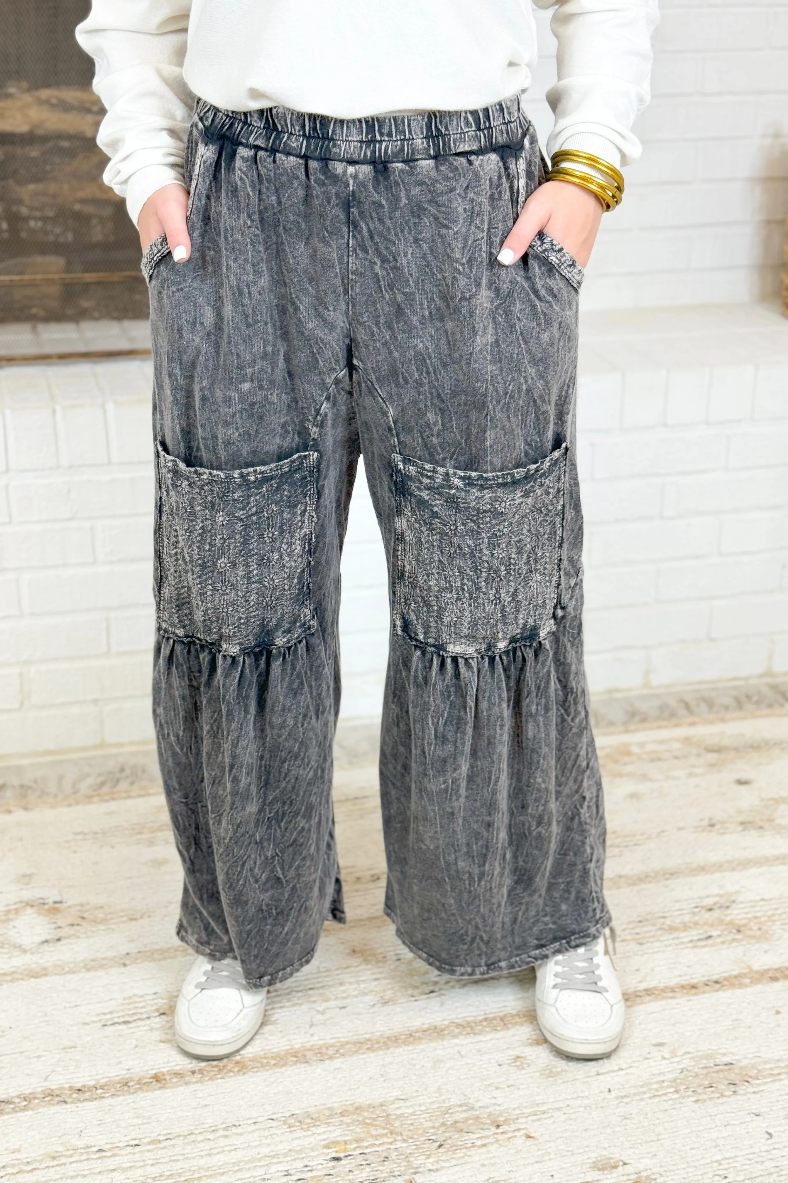 Ash Black Mineral Wash Eyelet Crop Pants