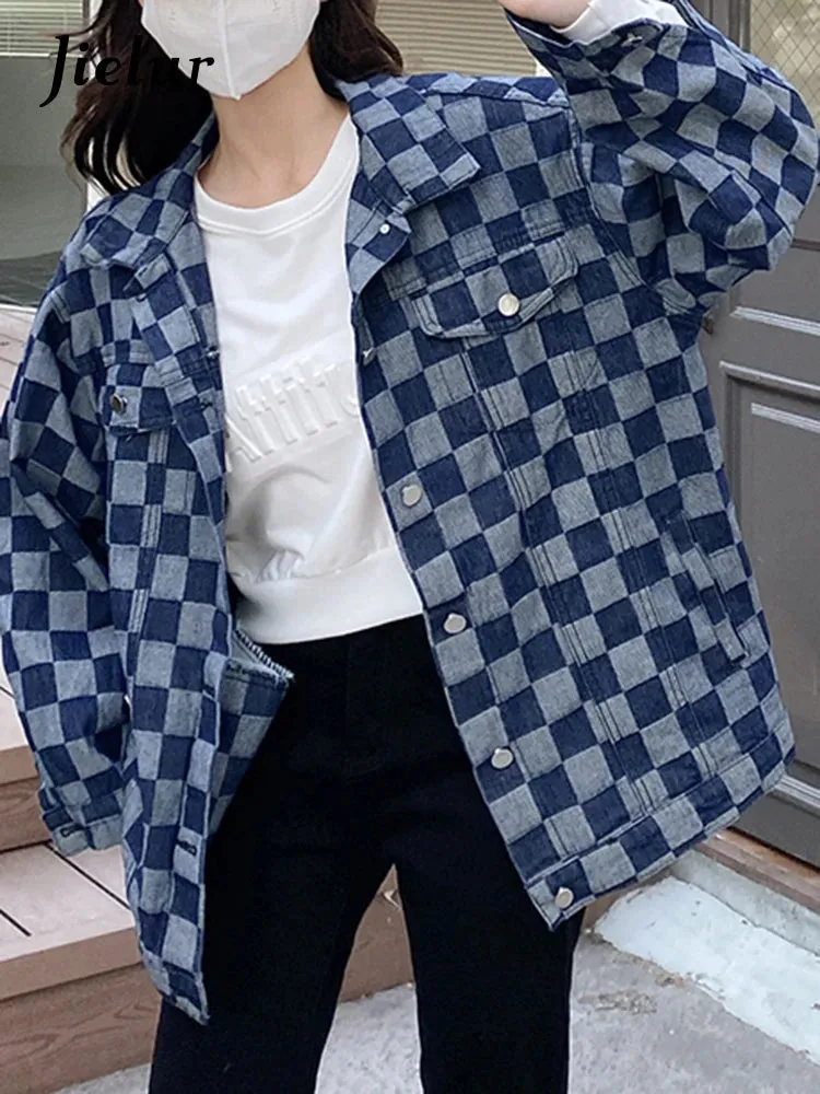 Autumn Black Denim Coat Women Korean New Chessboard Checker Casual Loose Retro Blue Jacket Top Woman High Street Chic