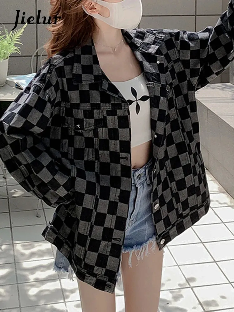 Autumn Black Denim Coat Women Korean New Chessboard Checker Casual Loose Retro Blue Jacket Top Woman High Street Chic