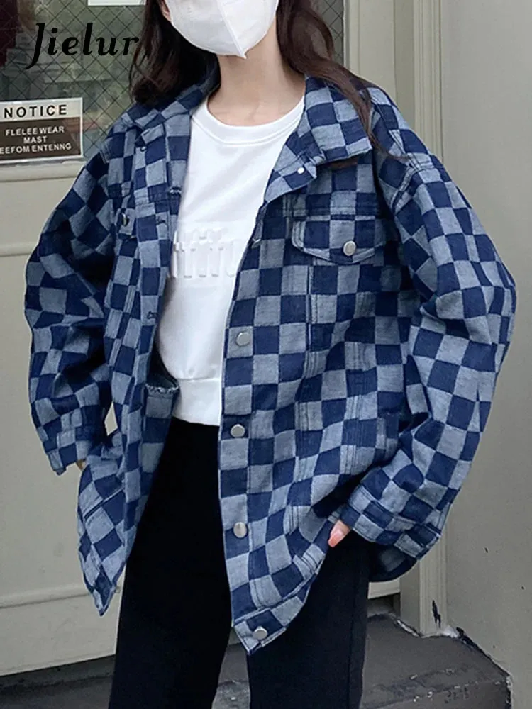 Autumn Black Denim Coat Women Korean New Chessboard Checker Casual Loose Retro Blue Jacket Top Woman High Street Chic