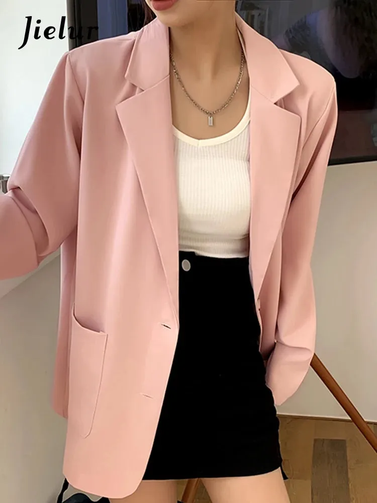 Autumn Thin Loose Suit Jacket Woman Casual Office Lady Blazer Women Korean Fashion Blue White Black Coat Female M-XXL