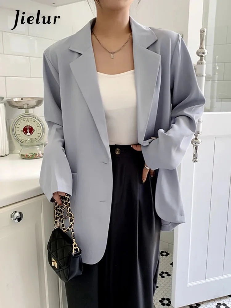 Autumn Thin Loose Suit Jacket Woman Casual Office Lady Blazer Women Korean Fashion Blue White Black Coat Female M-XXL