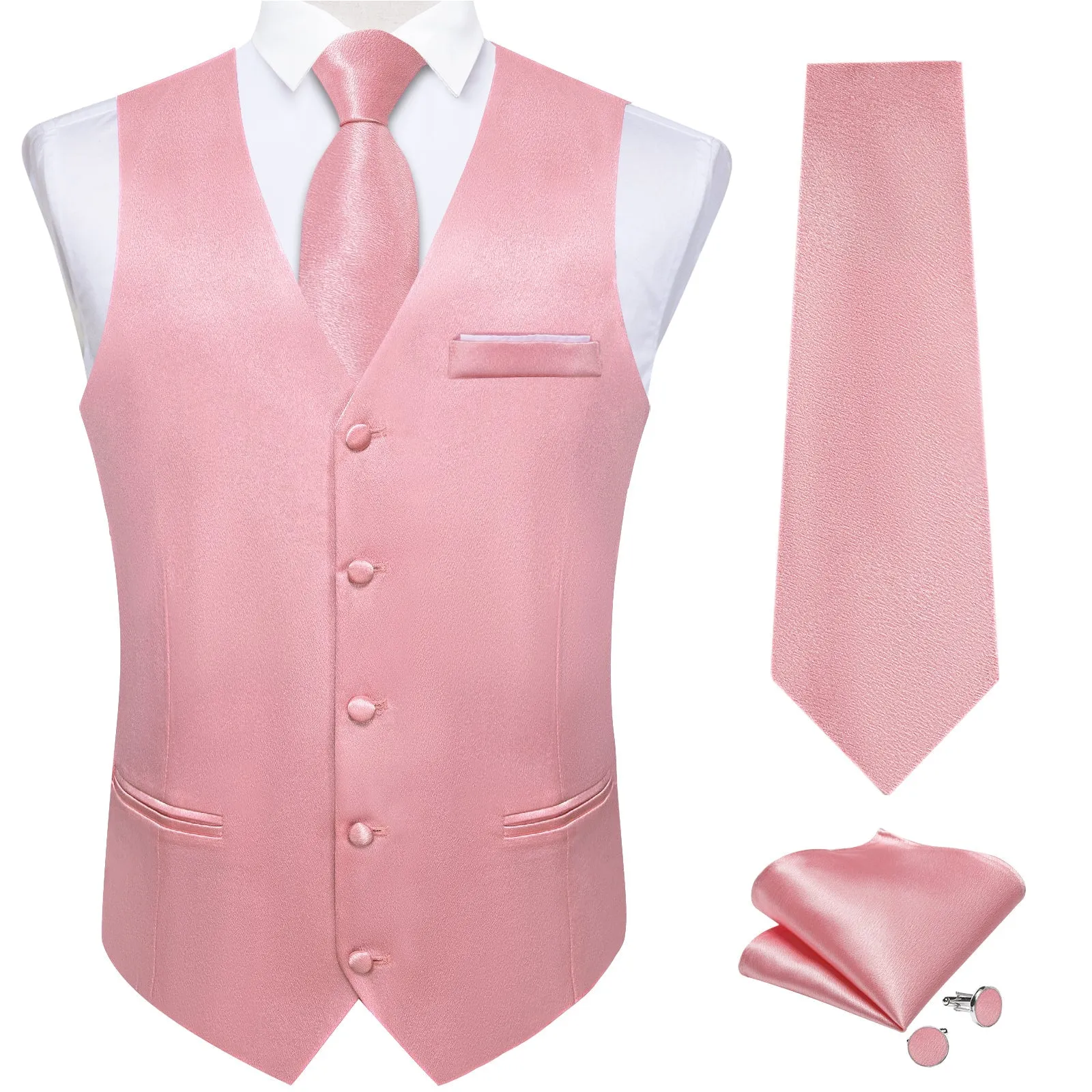 Baby Pink Solid Shining Silk Formal Men's Vest Hanky Cufflinks Tie Set