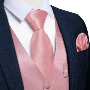 Baby Pink Solid Shining Silk Formal Men's Vest Hanky Cufflinks Tie Set