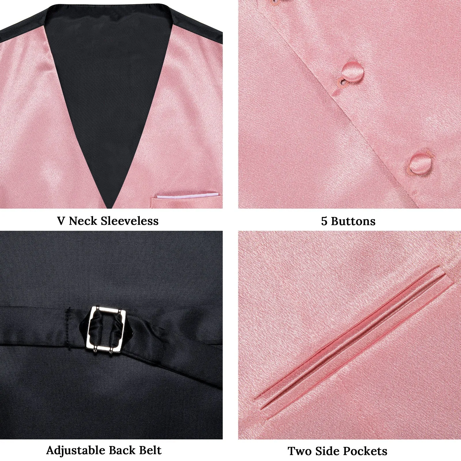 Baby Pink Solid Shining Silk Formal Men's Vest Hanky Cufflinks Tie Set