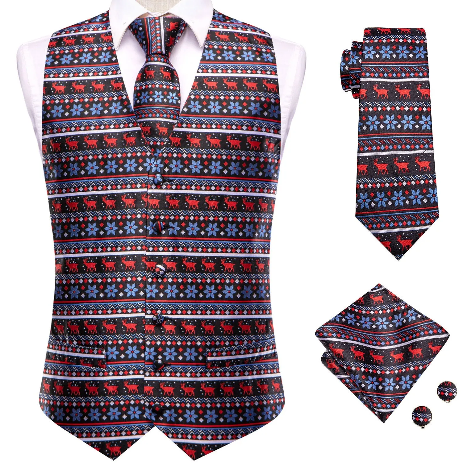 Black Blue Christmas Red Deer Novelty Jacquard Silk Men's Vest Hanky Cufflinks Tie Set