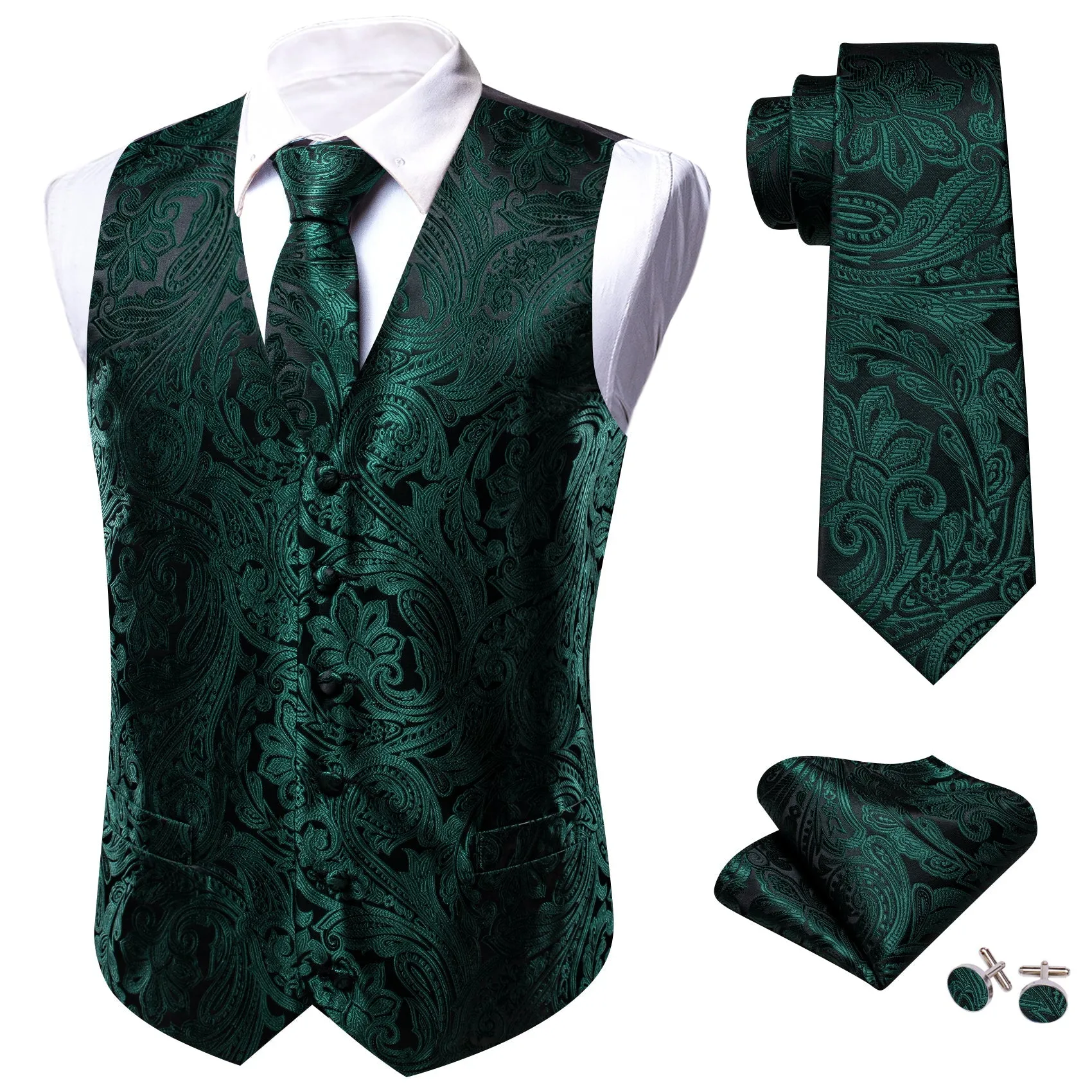 Black Emerald Green Paisley Silk Men's Vest Hanky Cufflinks Bow Tie Set