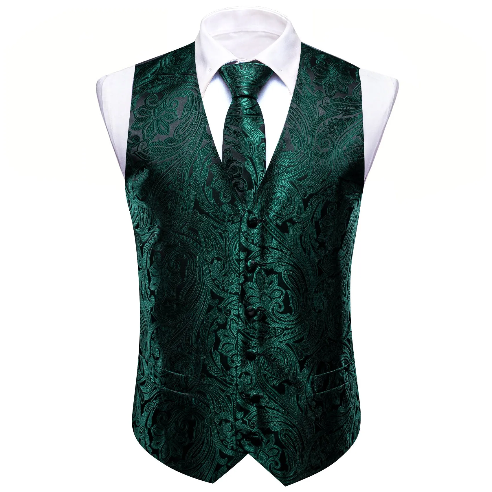 Black Emerald Green Paisley Silk Men's Vest Hanky Cufflinks Bow Tie Set