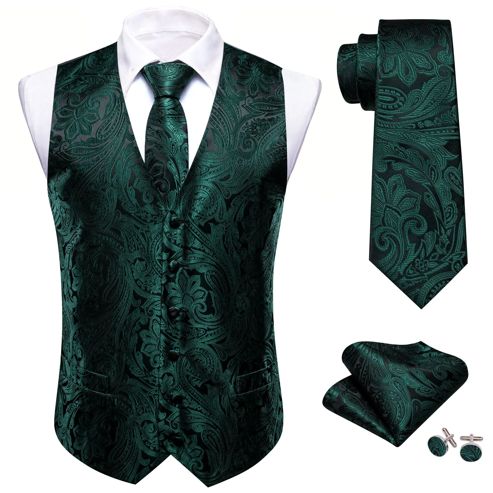 Black Emerald Green Paisley Silk Men's Vest Hanky Cufflinks Bow Tie Set