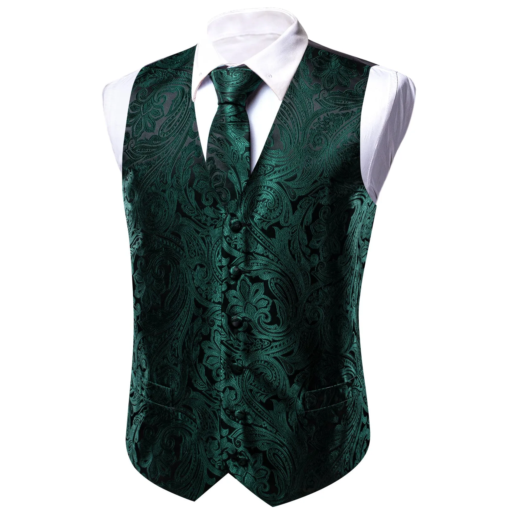 Black Emerald Green Paisley Silk Men's Vest Hanky Cufflinks Bow Tie Set