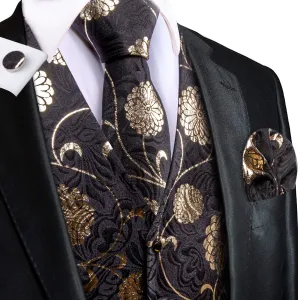 Black Golden Flower Floral Jacquard Silk Men's Vest Hanky Cufflinks Tie Set