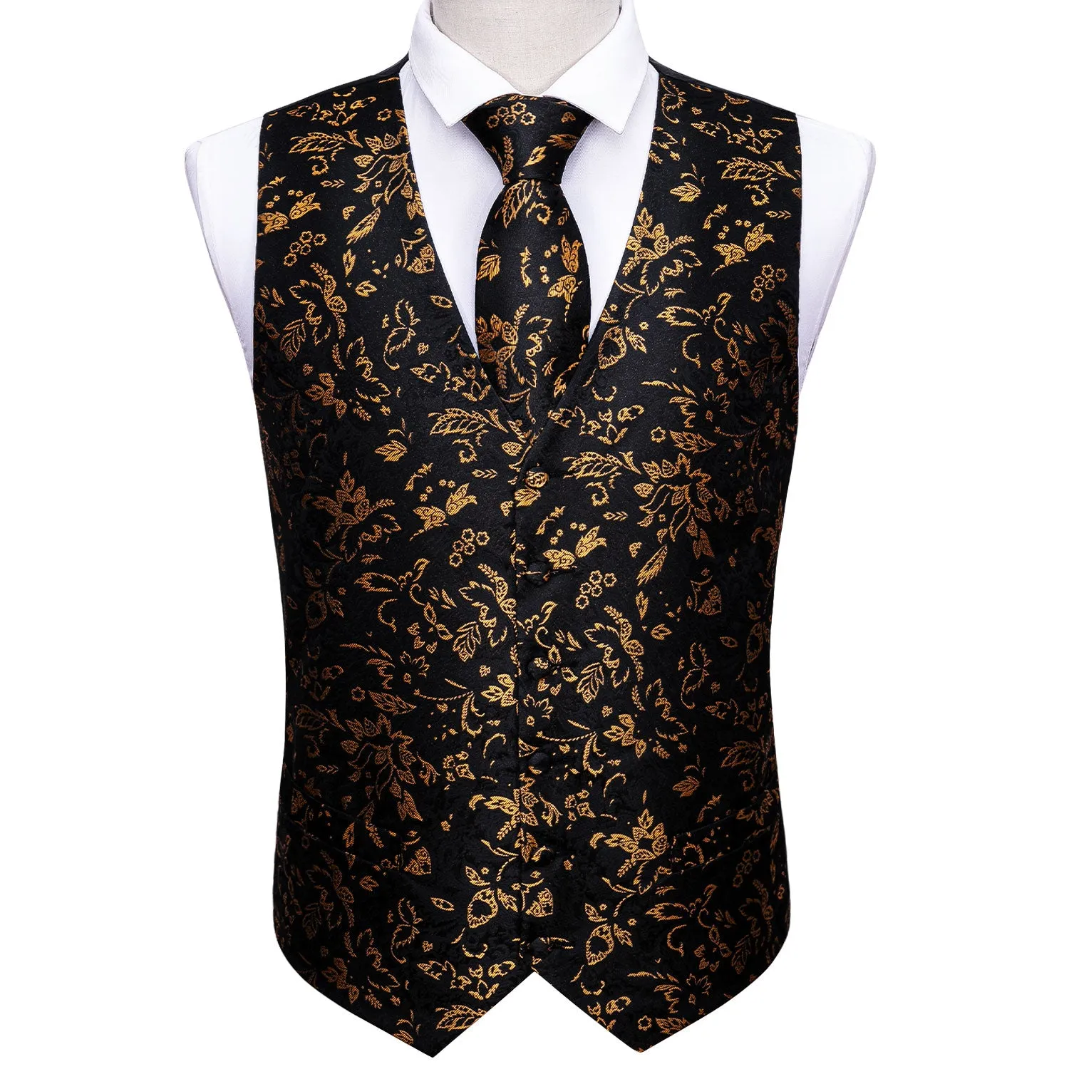 Black Yellow Floral Jacquard Silk Men's Vest Hanky Cufflinks Tie Set