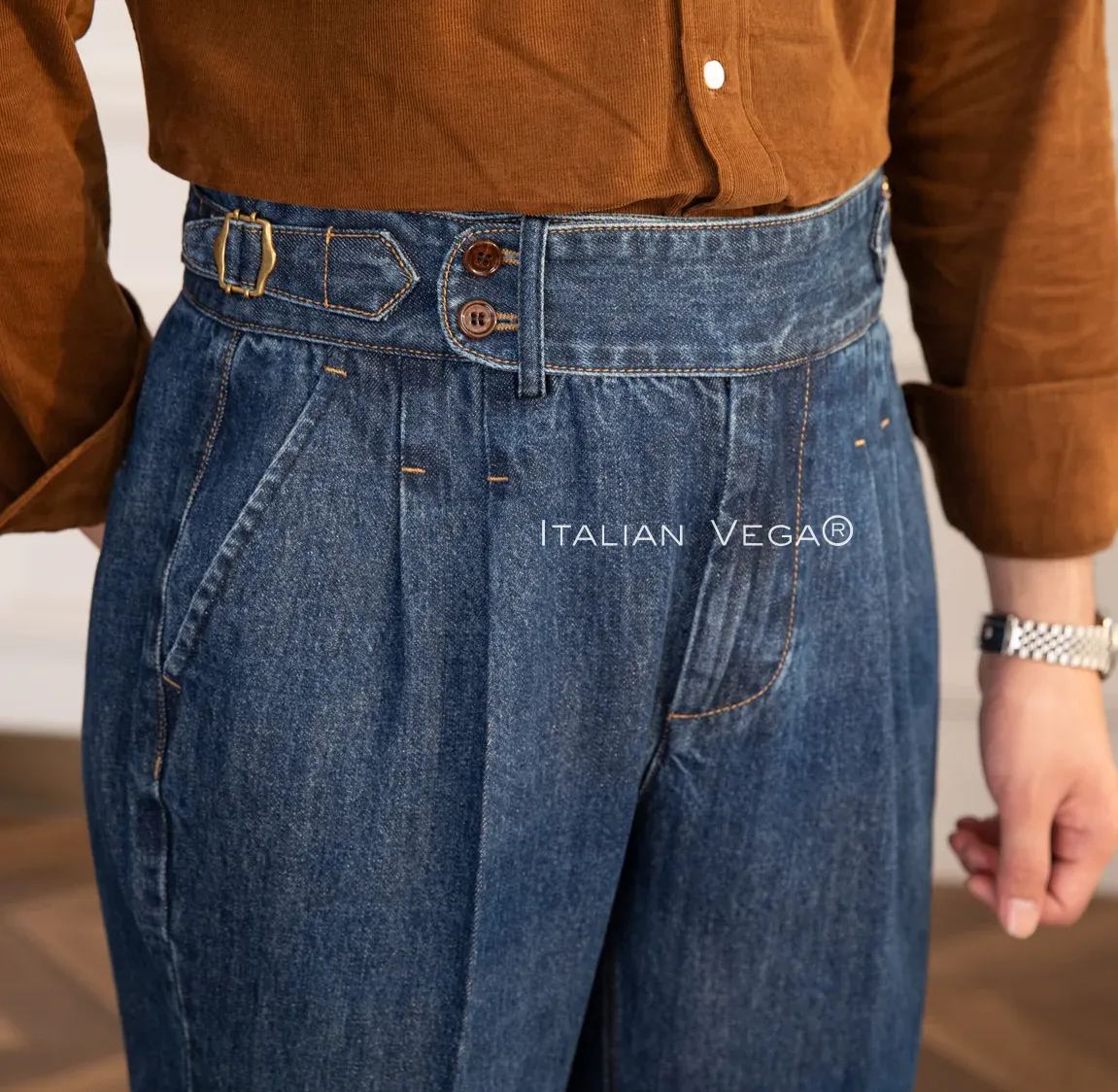 Blue Denim Signature Buttoned Trouser by Italian Vega®