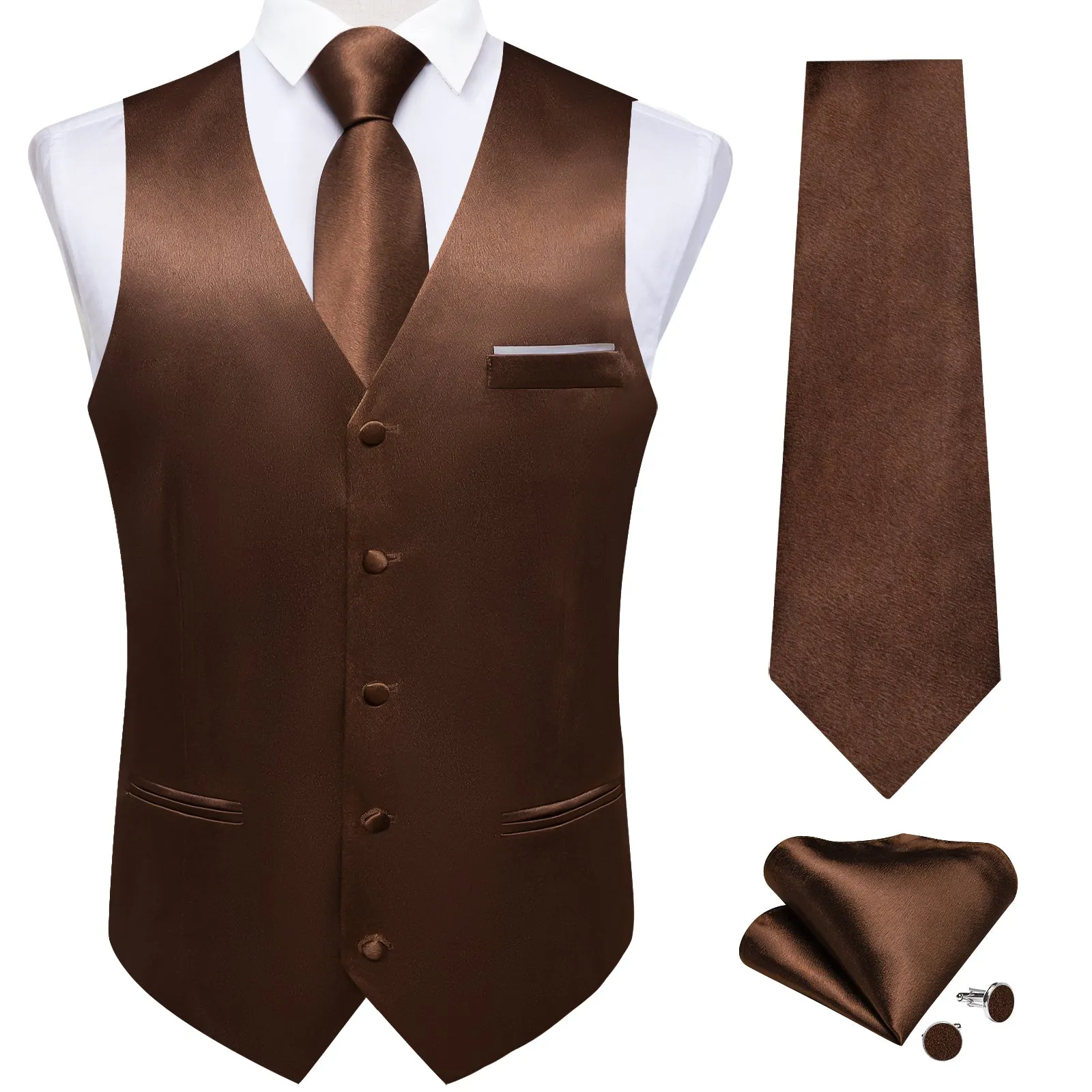 Brown Solid Shining Silk Formal Men's Vest Hanky Cufflinks Tie Set