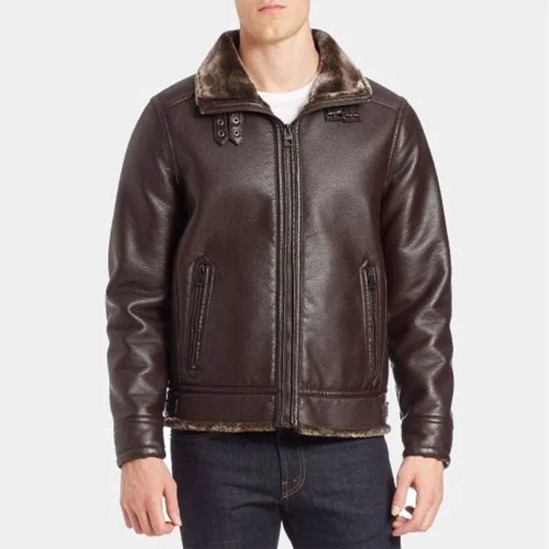 Buy Best Style Guess Faux Fur-Lined Brown Leather Bomber Jacket