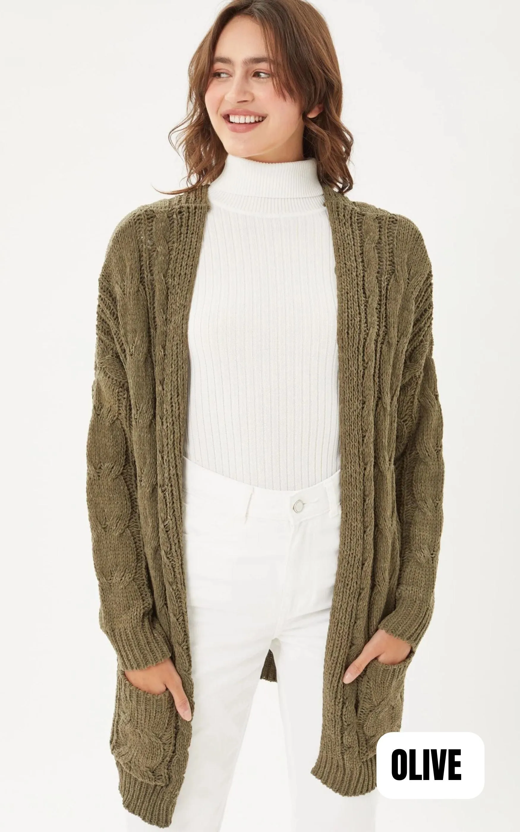 Chenille Cable Knit Oversized Open Front Cardigan