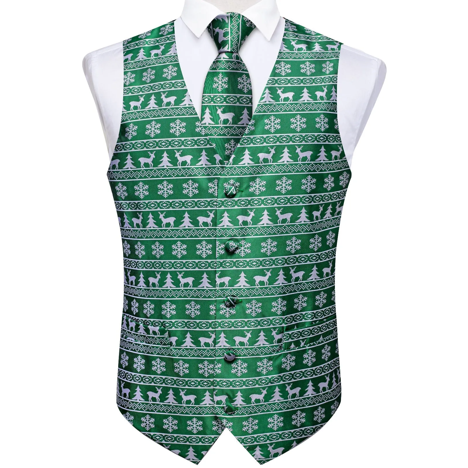 Christmas Green White Elk Novelty Jacquard Silk Men's Vest Hanky Cufflinks Tie Set