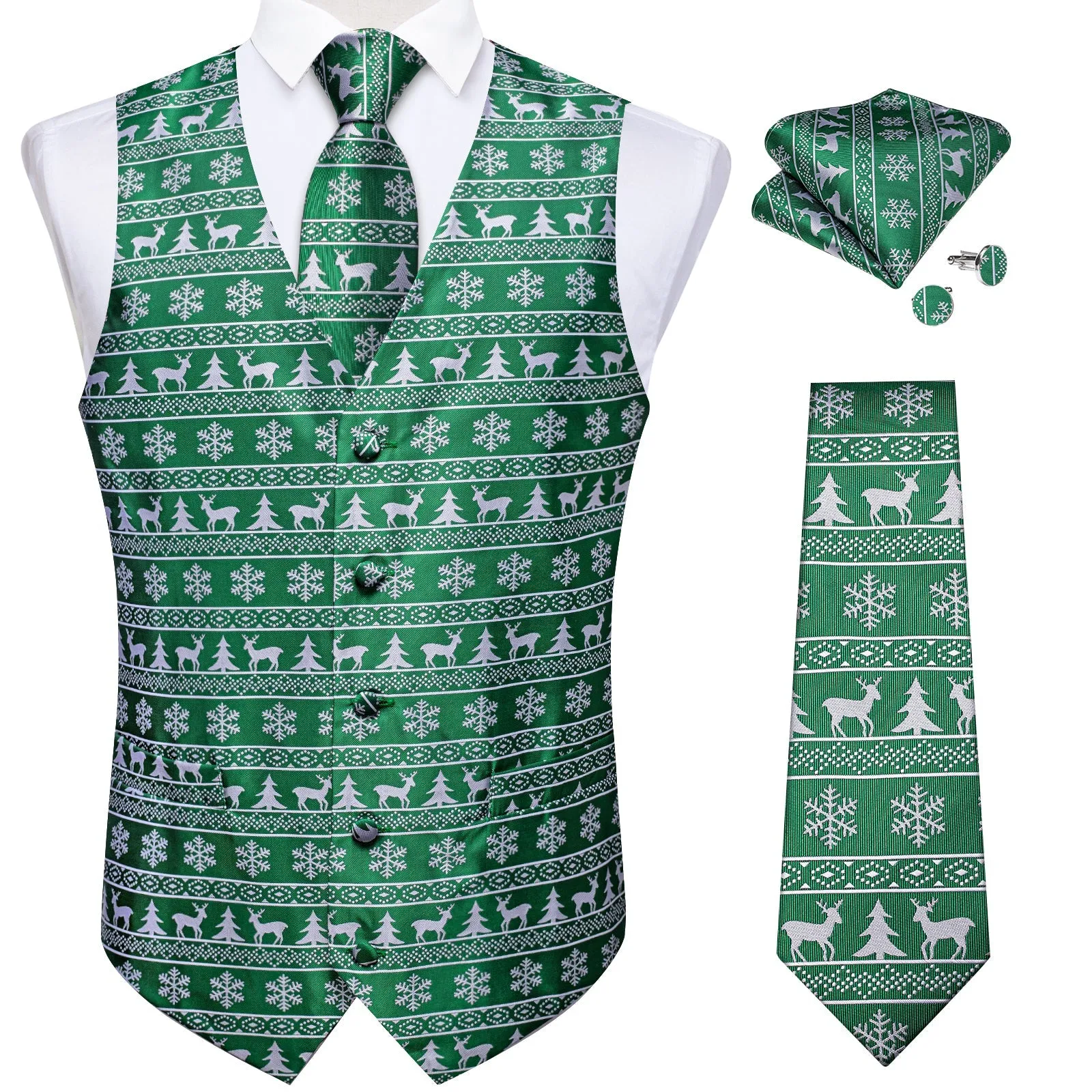 Christmas Green White Elk Novelty Jacquard Silk Men's Vest Hanky Cufflinks Tie Set