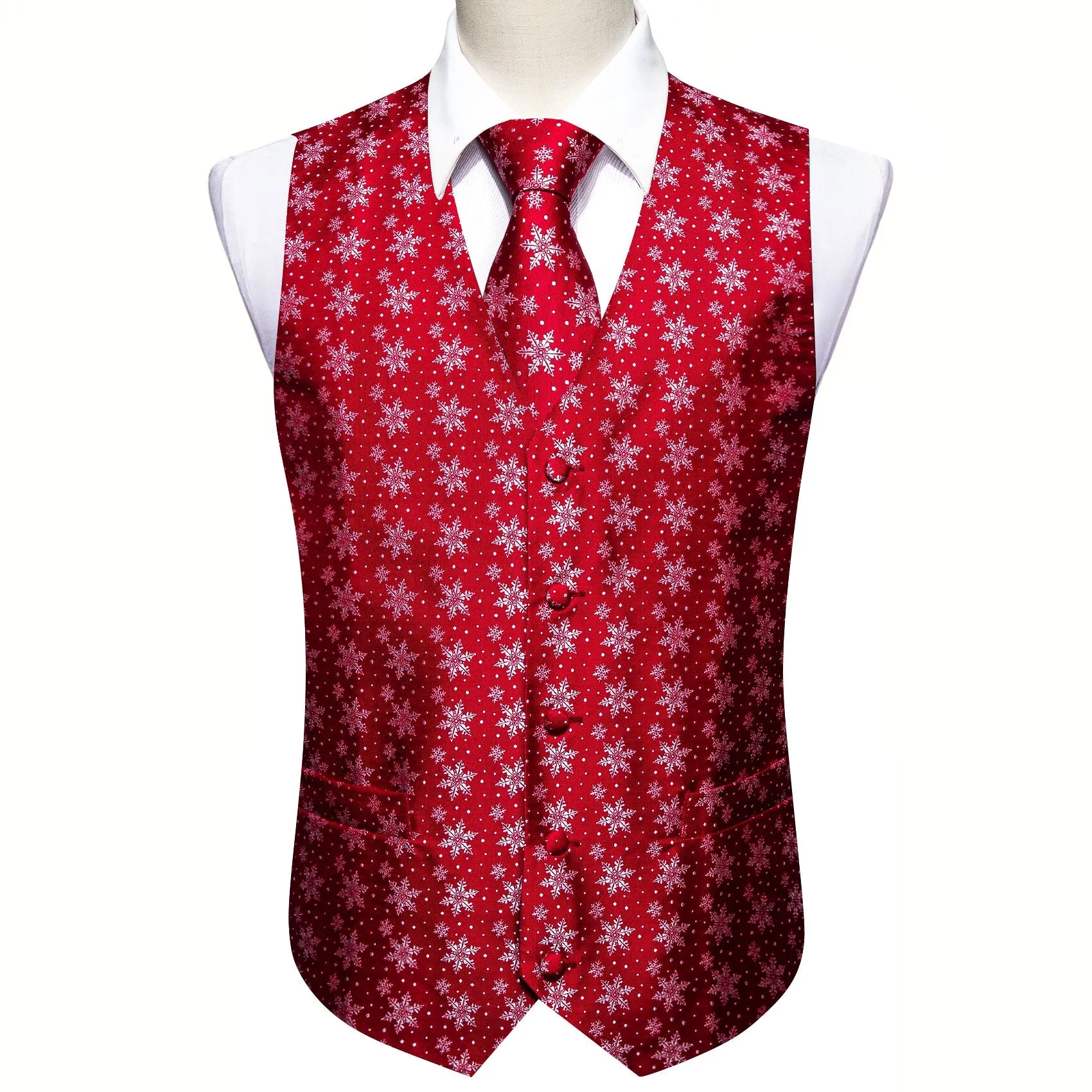 Christmas Red Snowflake Novelty Jacquard Silk Men's Vest Hanky Cufflinks Tie Set