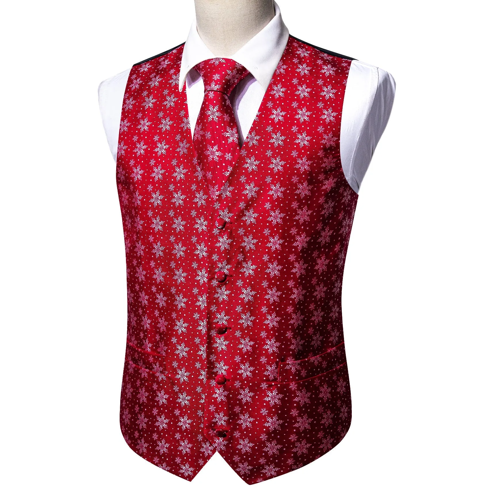 Christmas Red Snowflake Novelty Jacquard Silk Men's Vest Hanky Cufflinks Tie Set