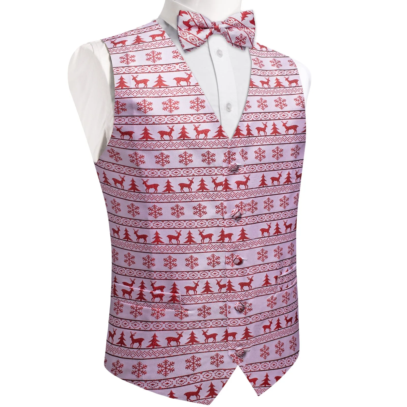 Christmas White Red Deer Novelty Men's Vest Bow Tie Set