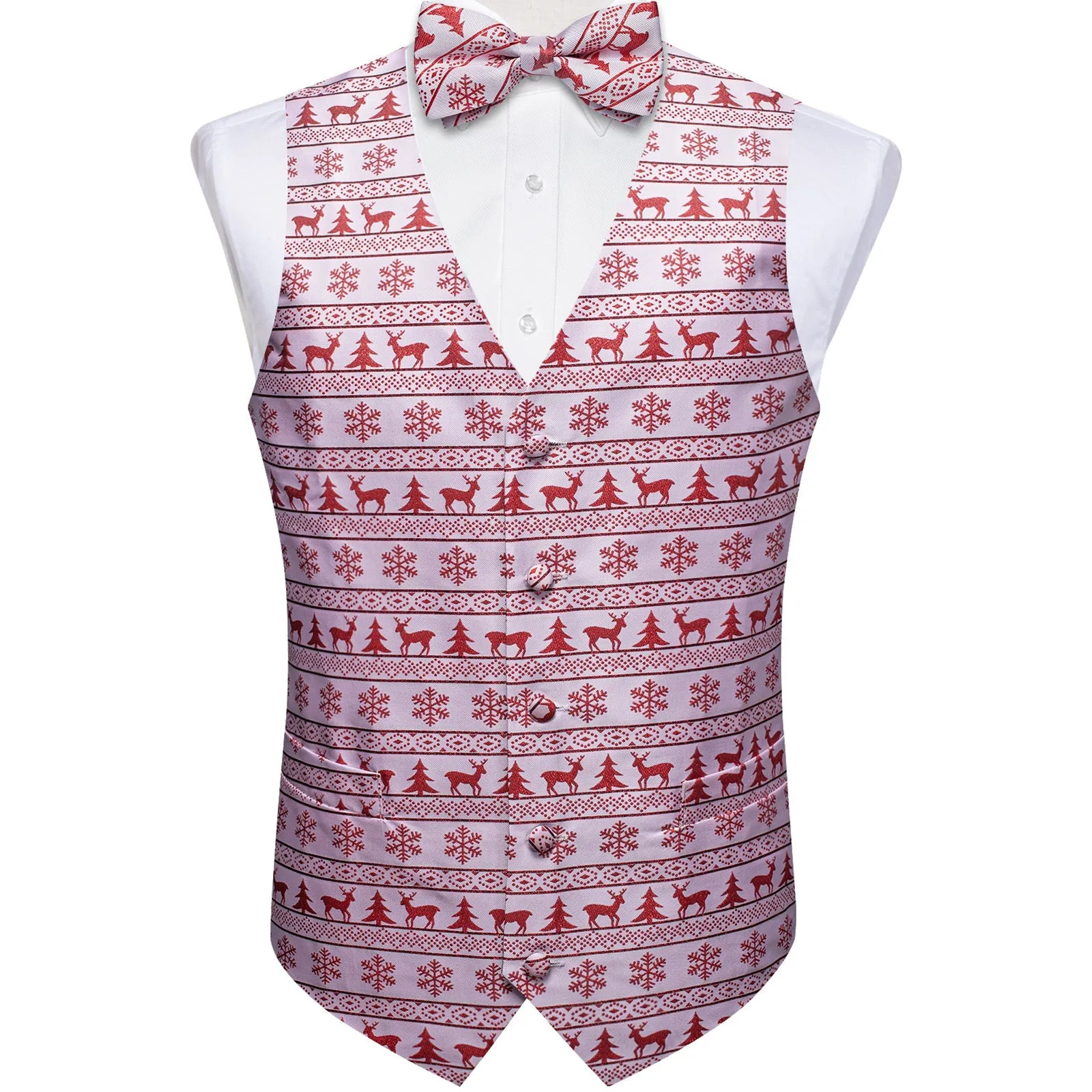 Christmas White Red Deer Novelty Men's Vest Bow Tie Set