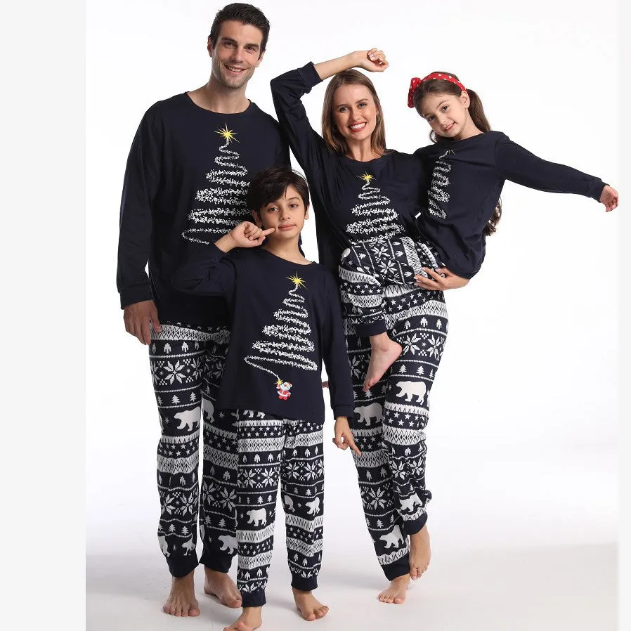 Family Matching Blue Christmas Tree Suits Family Look Pajama Set