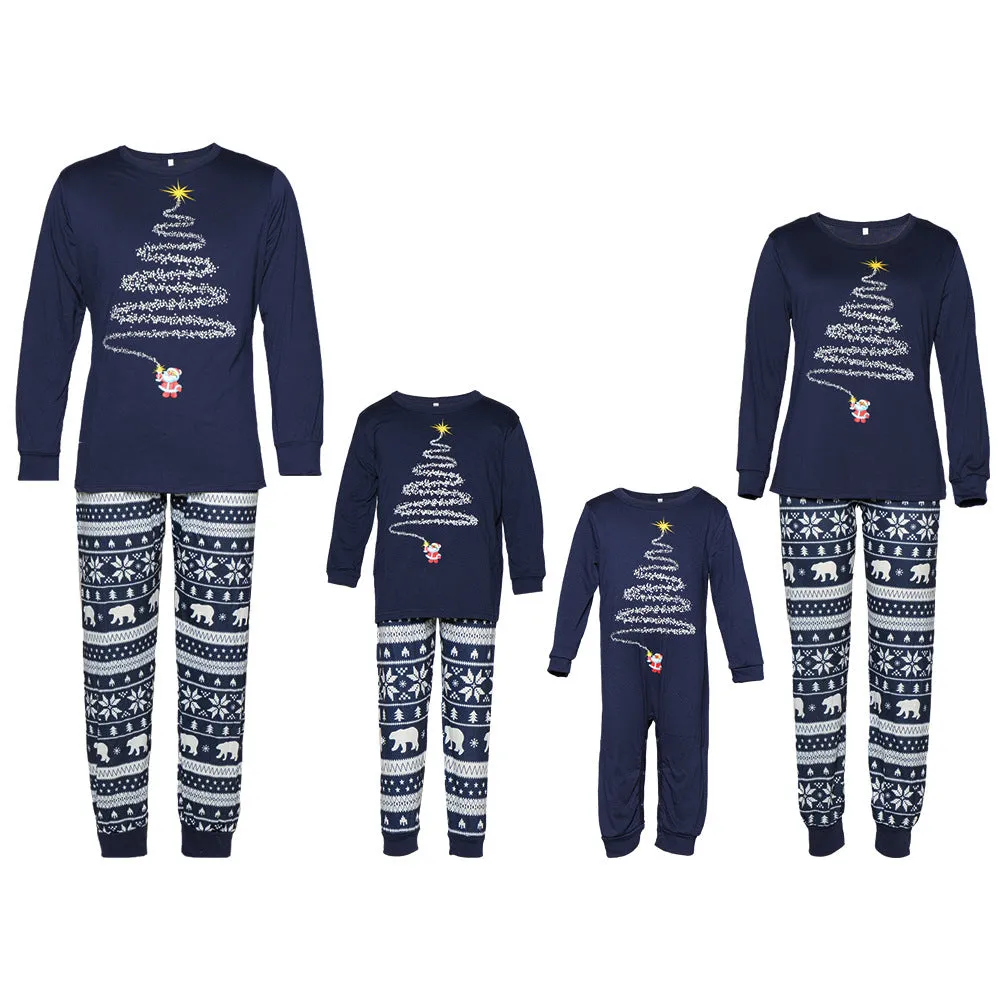 Family Matching Blue Christmas Tree Suits Family Look Pajama Set