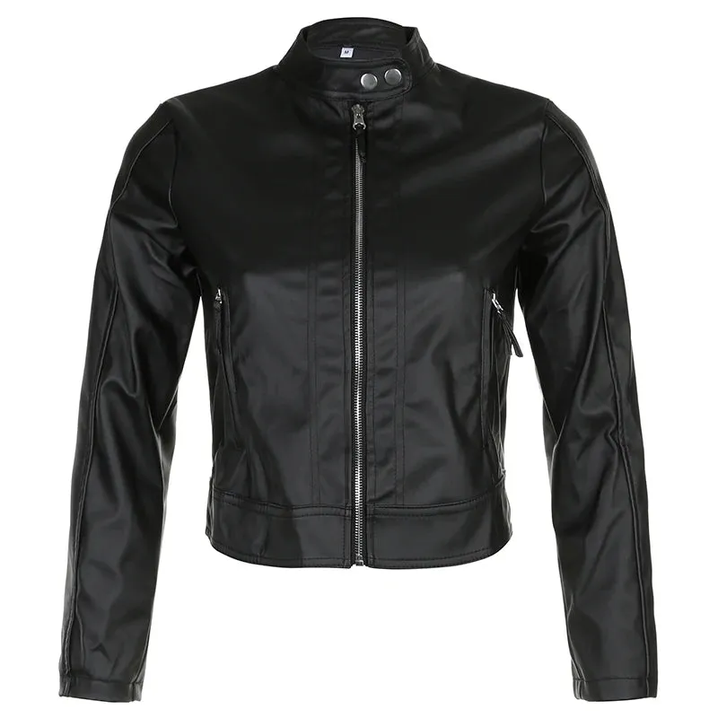 Fashion Black Basic Autumn Leather Jacket Women Motorcycle Streetwear Chic Zip Up Coat Cropped Outerwear Cool Jackets