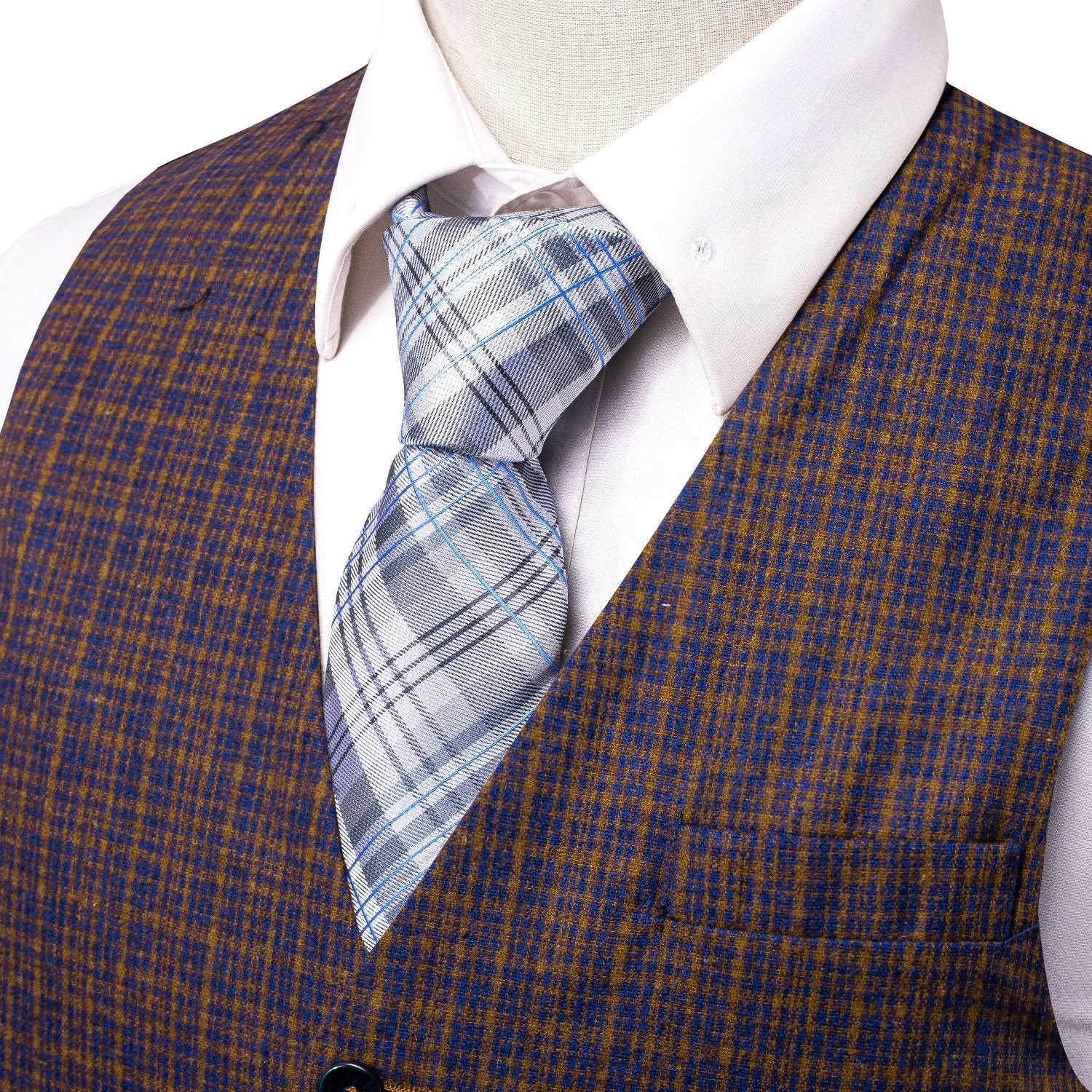 Golden Blue Plaid Wool Splicing Jacquard Men's Vest