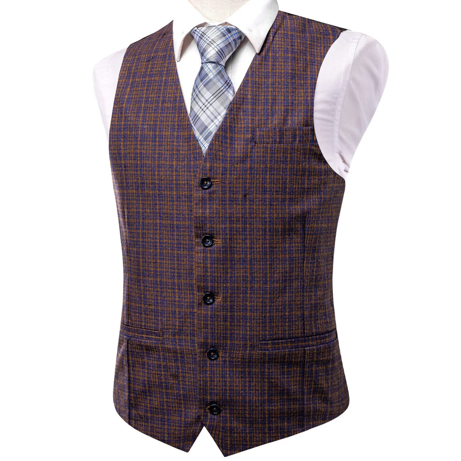 Golden Blue Plaid Wool Splicing Jacquard Men's Vest