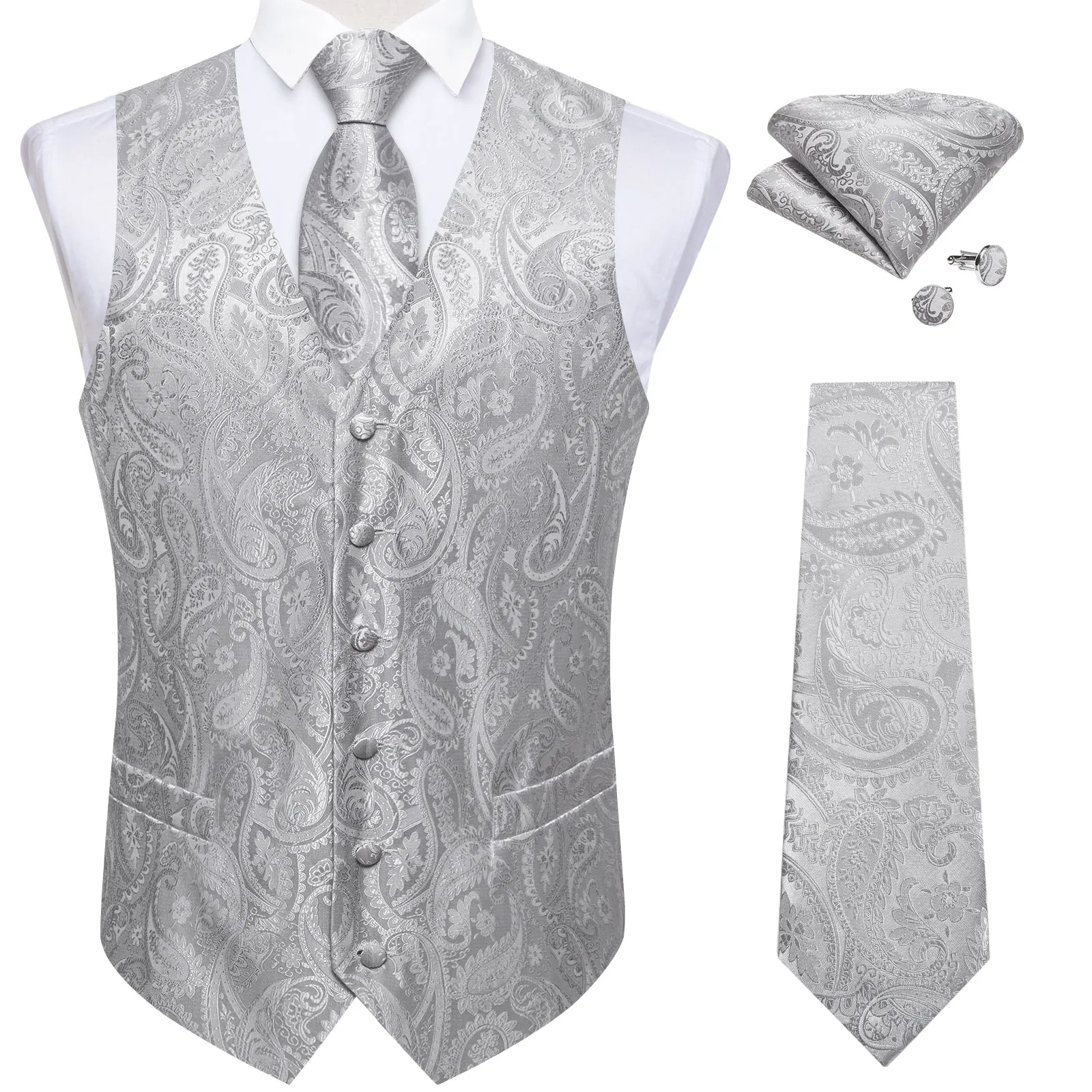 Grey Paisley Silk Men's Vest Hanky Cufflinks Tie Set