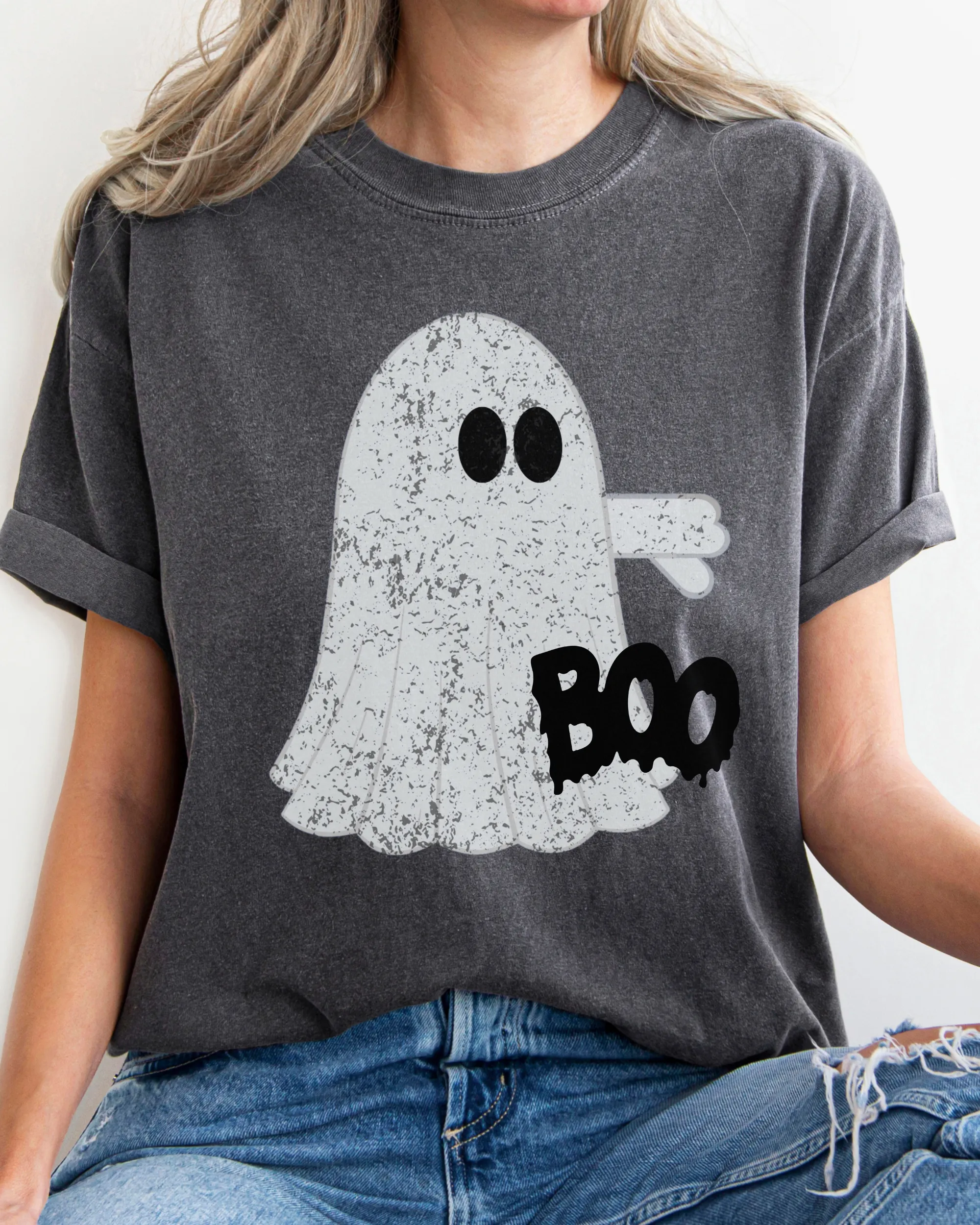 Halloween Boo Comfort Colors T-Shirt, Women's Distressed-Look Design, Funny Ghost T-Shirt