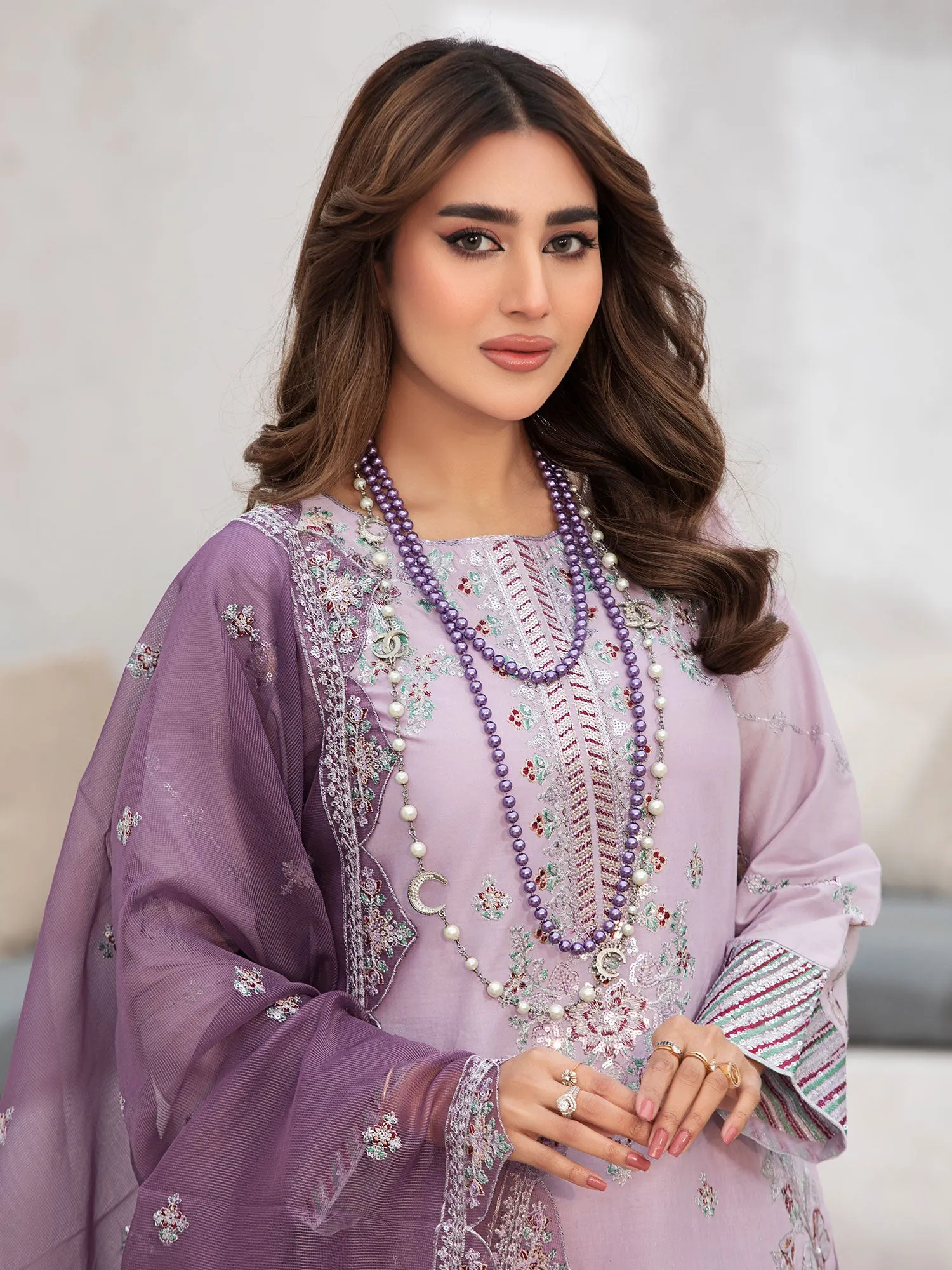 Heera's Lilac Embroidered Cambric Cotton Suit