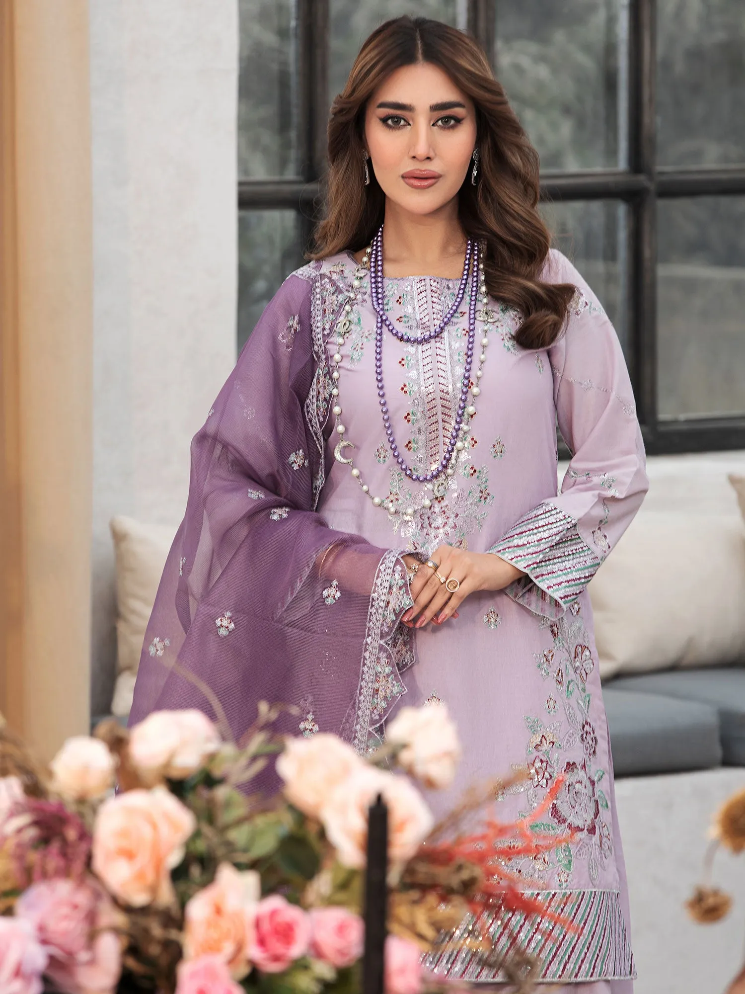 Heera's Lilac Embroidered Cambric Cotton Suit