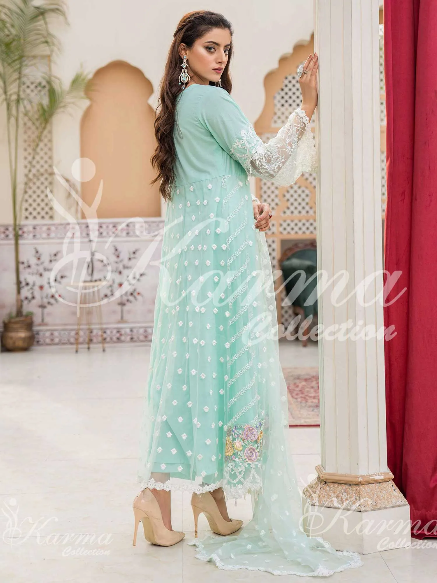 Karma Collection Aqua Cotton & Net Long Gown Frock (1292)