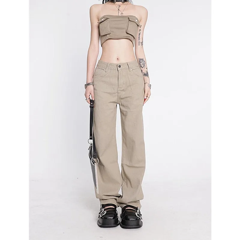 KittenAlarm - Women's Khaki Wide Leg Jeans Star Pocket Vintage Straight Pants High Waist Baggy Streetwear Casual Brown Denim Trouser Ladies