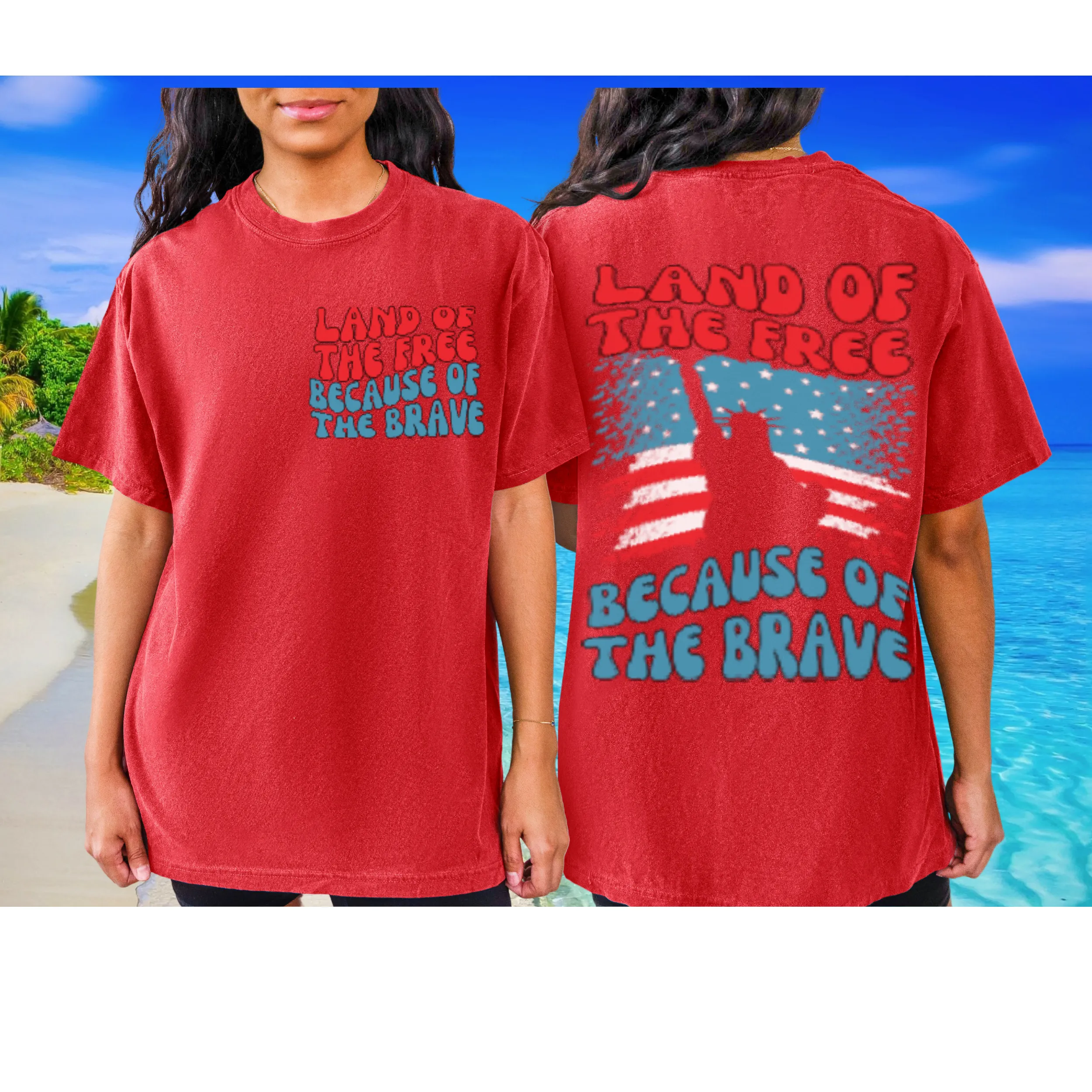 Land Of The Free 4th of July Comfort Colors® T-Shirt, Front and Back Design T-Shirt, Trendy 1970's Statue Of Liberty