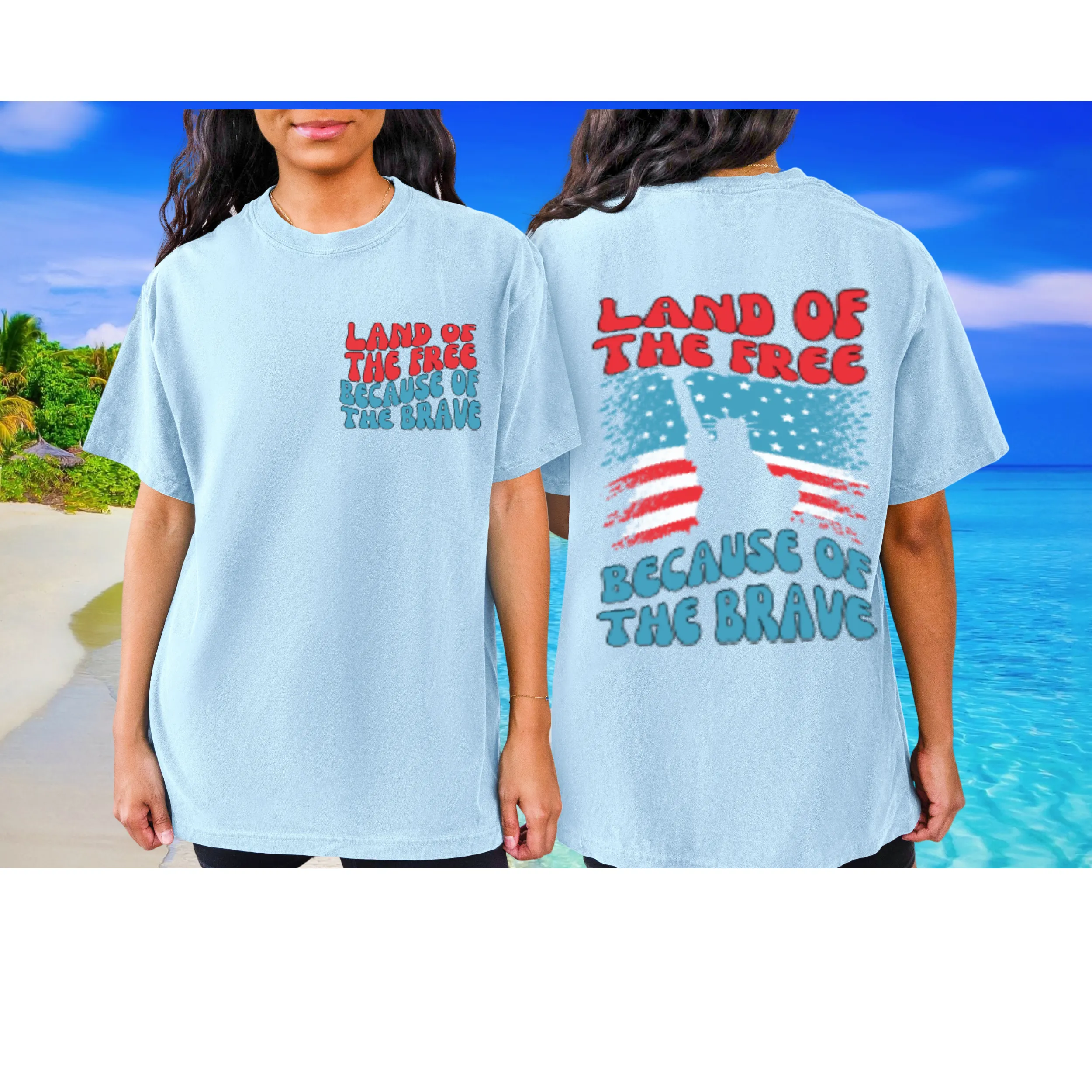 Land Of The Free 4th of July Comfort Colors® T-Shirt, Front and Back Design T-Shirt, Trendy 1970's Statue Of Liberty