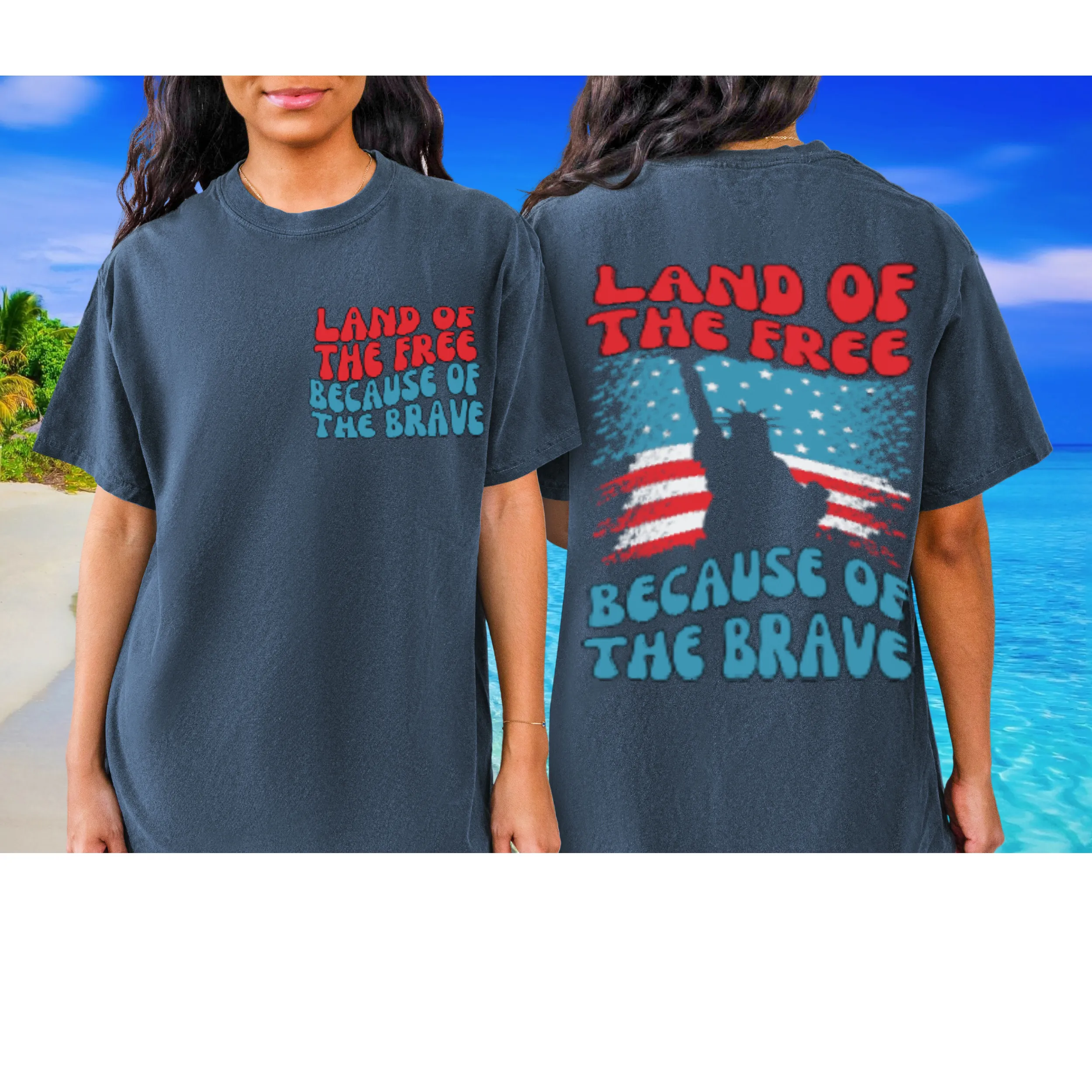 Land Of The Free 4th of July Comfort Colors® T-Shirt, Front and Back Design T-Shirt, Trendy 1970's Statue Of Liberty