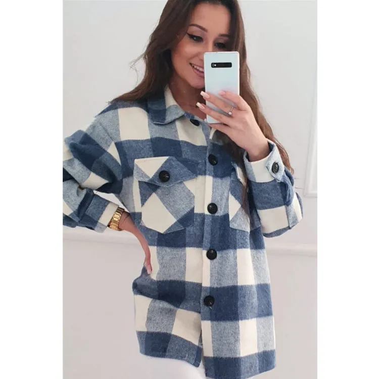 Loose Plaid Woolen Long-sleeved Jacket