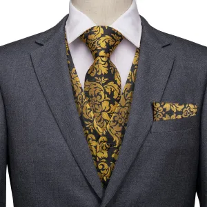 Luxury Black Golden Floral Jacquard Silk Men's Vest Hanky Cufflinks Tie Set Waistcoat Suit Set