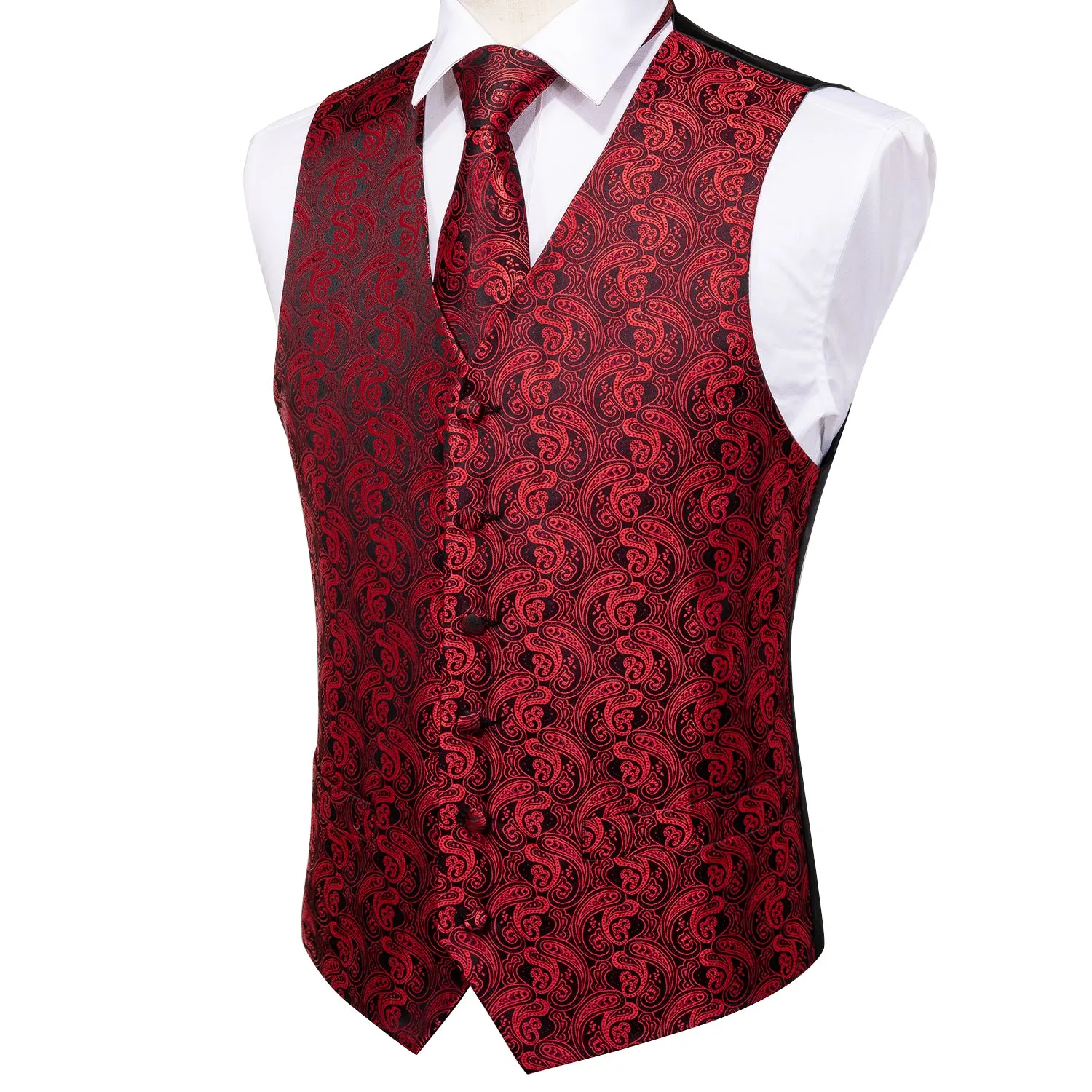 Luxury Black Red Paisley Jacquard Silk Men's Vest Hanky Cufflinks Tie Set Waistcoat Suit Set