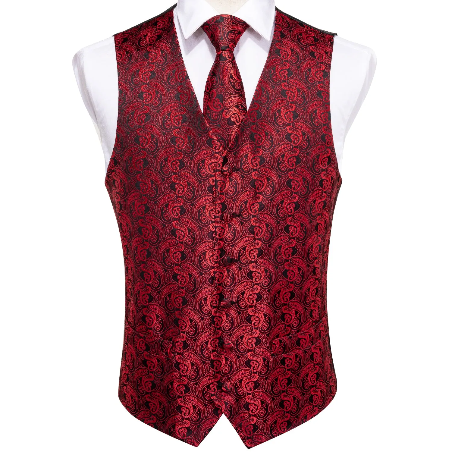 Luxury Black Red Paisley Jacquard Silk Men's Vest Hanky Cufflinks Tie Set Waistcoat Suit Set