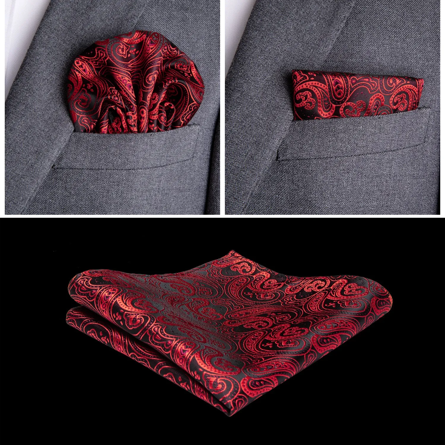 Luxury Black Red Paisley Jacquard Silk Men's Vest Hanky Cufflinks Tie Set Waistcoat Suit Set