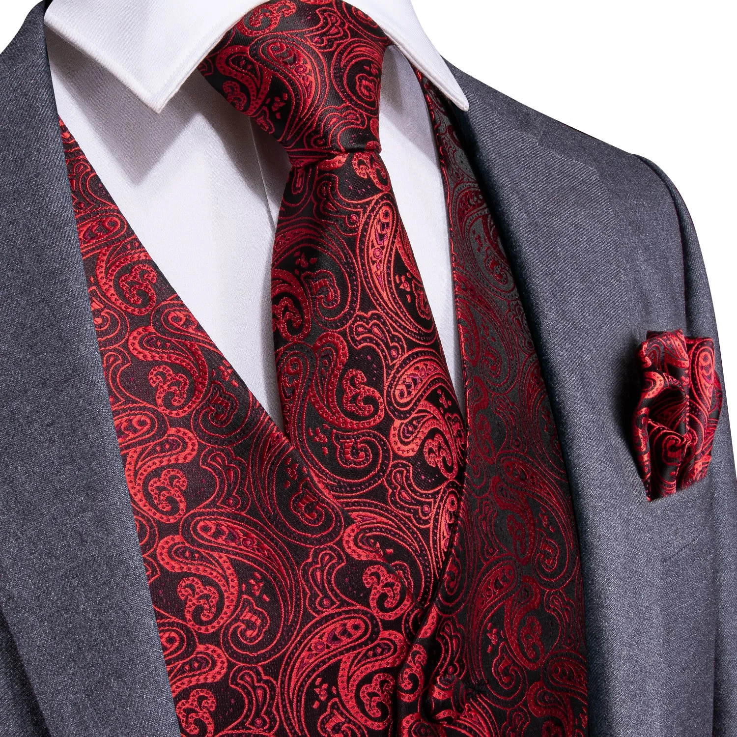 Luxury Black Red Paisley Jacquard Silk Men's Vest Hanky Cufflinks Tie Set Waistcoat Suit Set