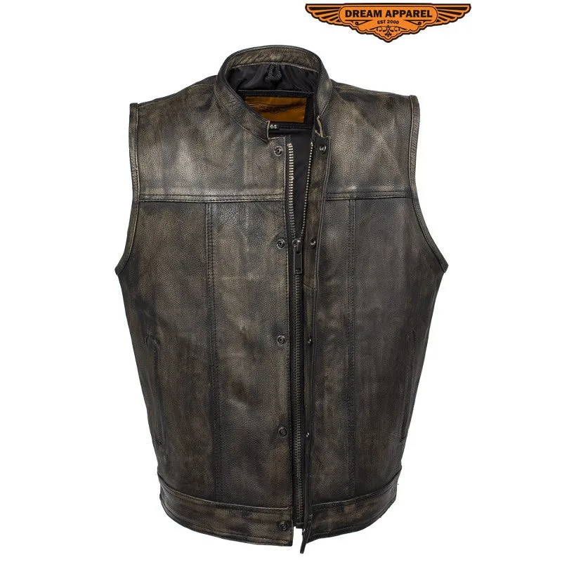 Mens Distressed Brown Leather Motorcycle Club Vest