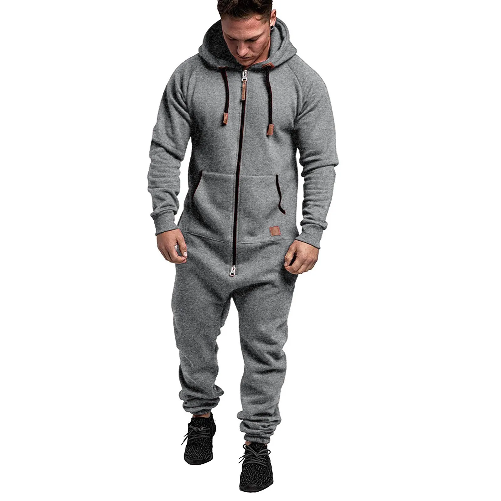 MEN'S HOODED FLEECE JUMPSUIT SOLID COLOR COLOR BLOCKED CASUAL MEN'S SUIT JUMPSUIT