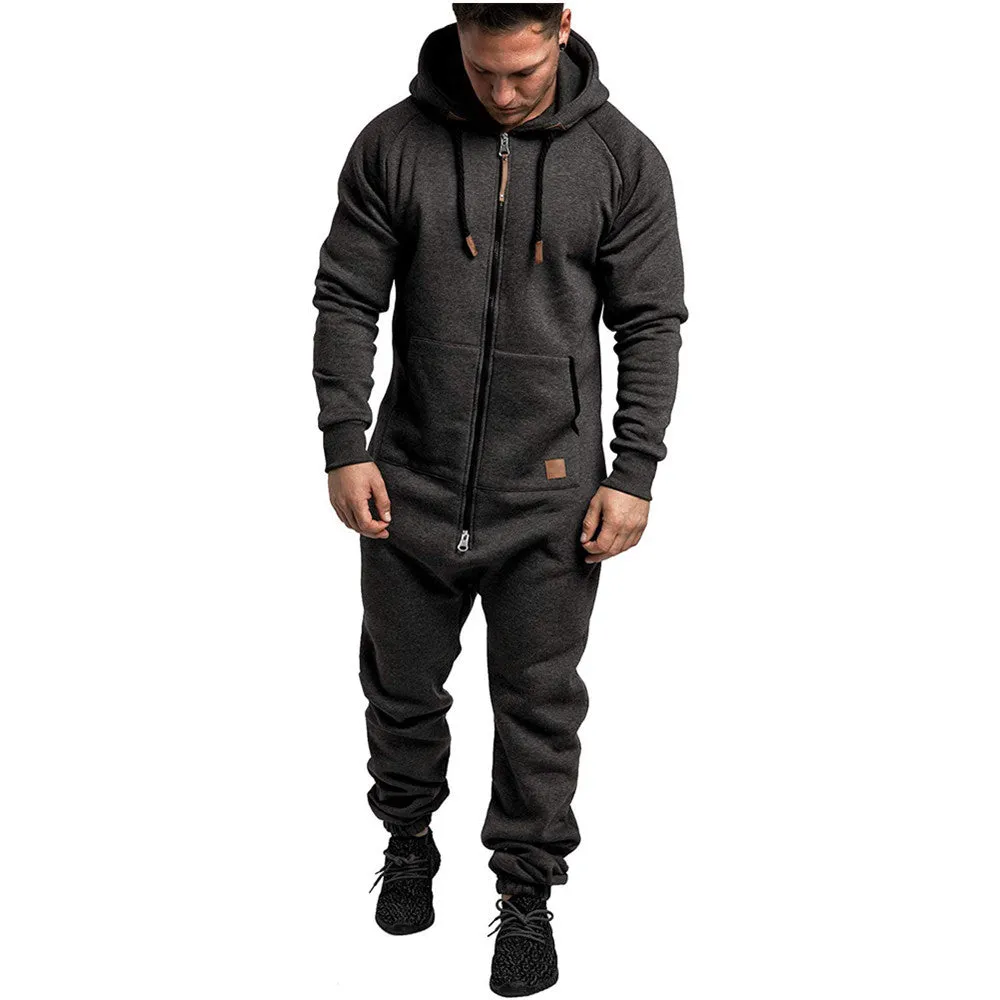 MEN'S HOODED FLEECE JUMPSUIT SOLID COLOR COLOR BLOCKED CASUAL MEN'S SUIT JUMPSUIT